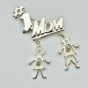 Vintage Silver Tone #1 Mom Brooch Kids Siblings Signed AJC Mothers Day